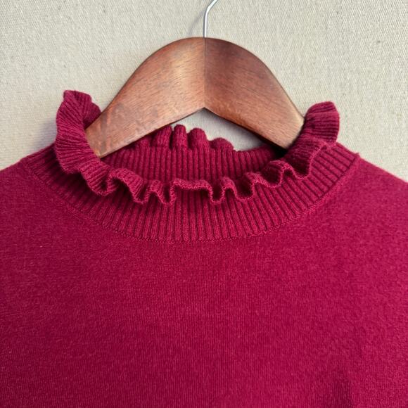 CeCe Sweater Size S Burgundy Red Ruffle Mock Neck Long Sleeve Lightweight Knit - Picture 4 of 10